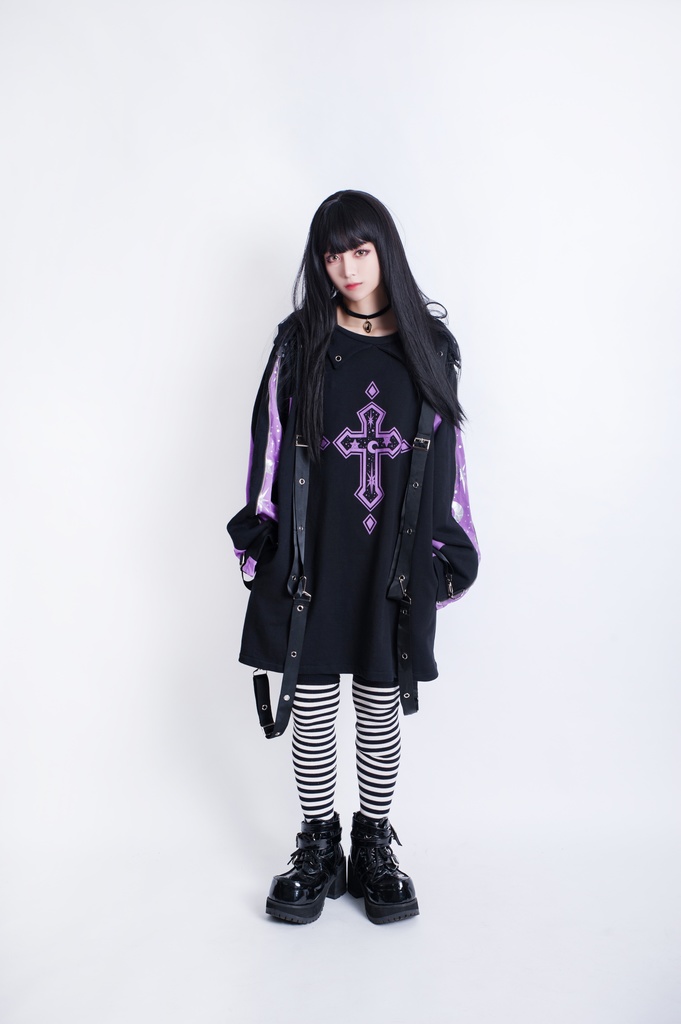 JillpunkオリジナルKERA ていらコラボ零時の協会グラデーション十字架星柄箔プリント装着帯猫耳ゆったりパーカー メンズ レディー V系 おしゃれ大きいサイズ男女兼用ファッション秋葉系萌え二次コン