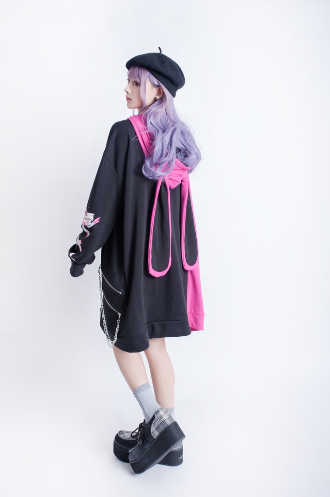 JillpunkオリジナルKERA メンヘラウイルス臆病うさぎ兎ゾンビストライプ柄反対色ゆったり長袖パーカー メンズ レディーズ おしゃれ男女兼用ファッション秋葉系可愛い萌えヤンデレ