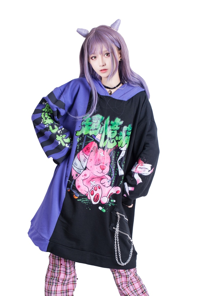 JillpunkオリジナルKERA メンヘラウイルス臆病うさぎ兎ゾンビストライプ柄反対色ゆったり長袖パーカー メンズ レディーズ おしゃれ男女兼用ファッション秋葉系可愛い萌えヤンデレ