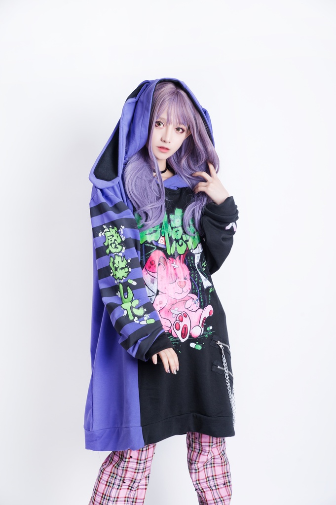 JillpunkオリジナルKERA メンヘラウイルス臆病うさぎ兎ゾンビストライプ柄反対色ゆったり長袖パーカー メンズ レディーズ おしゃれ男女兼用ファッション秋葉系可愛い萌えヤンデレ