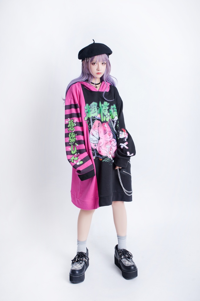 JillpunkオリジナルKERA メンヘラウイルス臆病うさぎ兎ゾンビストライプ柄反対色ゆったり長袖パーカー メンズ レディーズ おしゃれ男女兼用ファッション秋葉系可愛い萌えヤンデレ