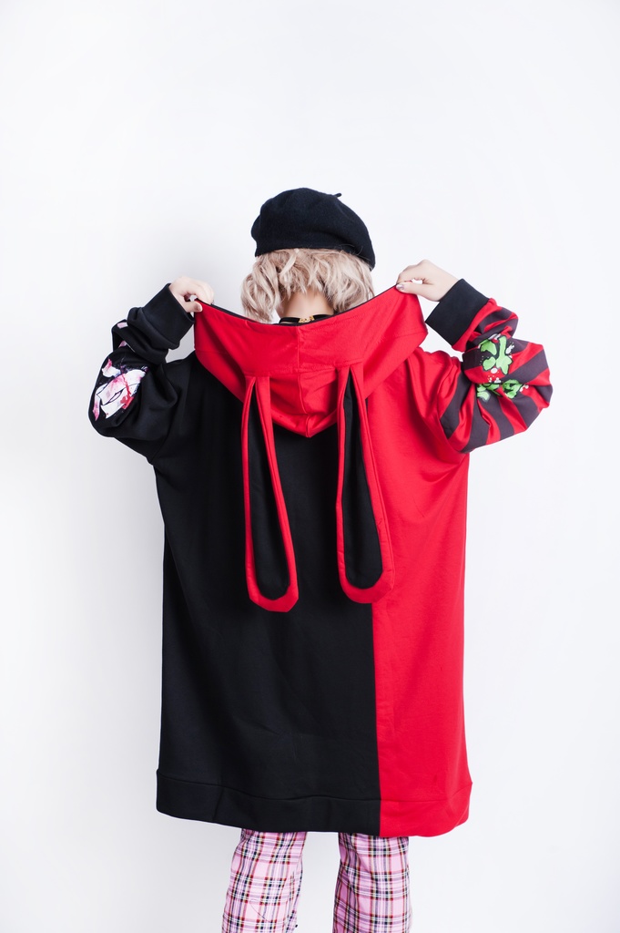 JillpunkオリジナルKERA メンヘラウイルス臆病うさぎ兎ゾンビストライプ柄反対色ゆったり長袖パーカー メンズ レディーズ おしゃれ男女兼用ファッション秋葉系可愛い萌えヤンデレ