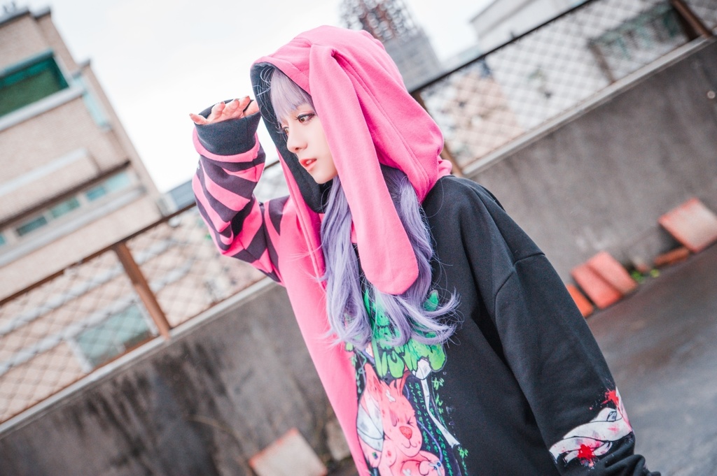 JillpunkオリジナルKERA メンヘラウイルス臆病うさぎ兎ゾンビストライプ柄反対色ゆったり長袖パーカー メンズ レディーズ おしゃれ男女兼用ファッション秋葉系可愛い萌えヤンデレ