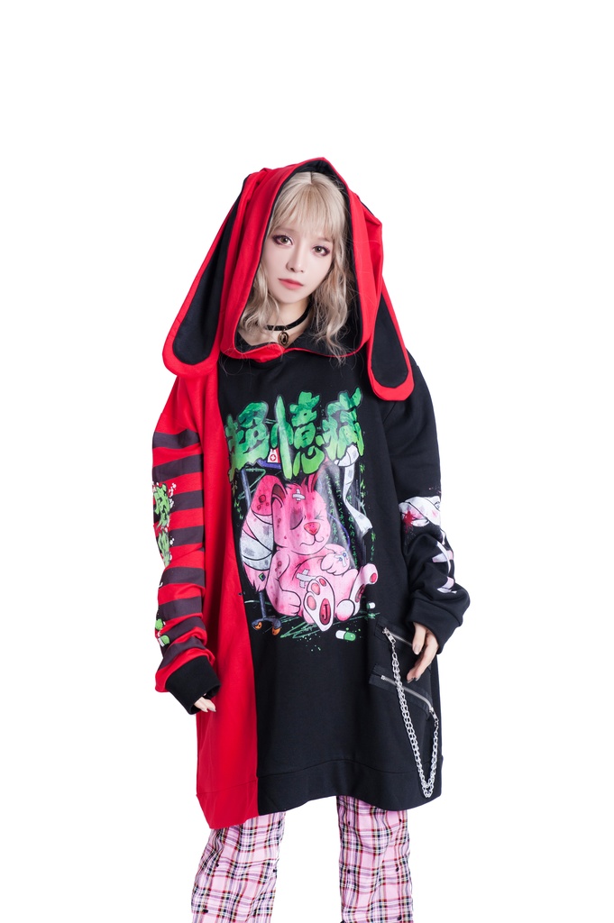 JillpunkオリジナルKERA メンヘラウイルス臆病うさぎ兎ゾンビストライプ柄反対色ゆったり長袖パーカー メンズ レディーズ おしゃれ男女兼用ファッション秋葉系可愛い萌えヤンデレ