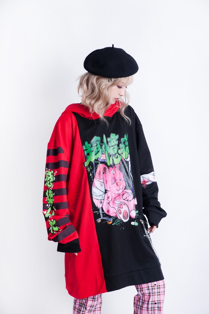 JillpunkオリジナルKERA メンヘラウイルス臆病うさぎ兎ゾンビストライプ柄反対色ゆったり長袖パーカー メンズ レディーズ おしゃれ男女兼用ファッション秋葉系可愛い萌えヤンデレ