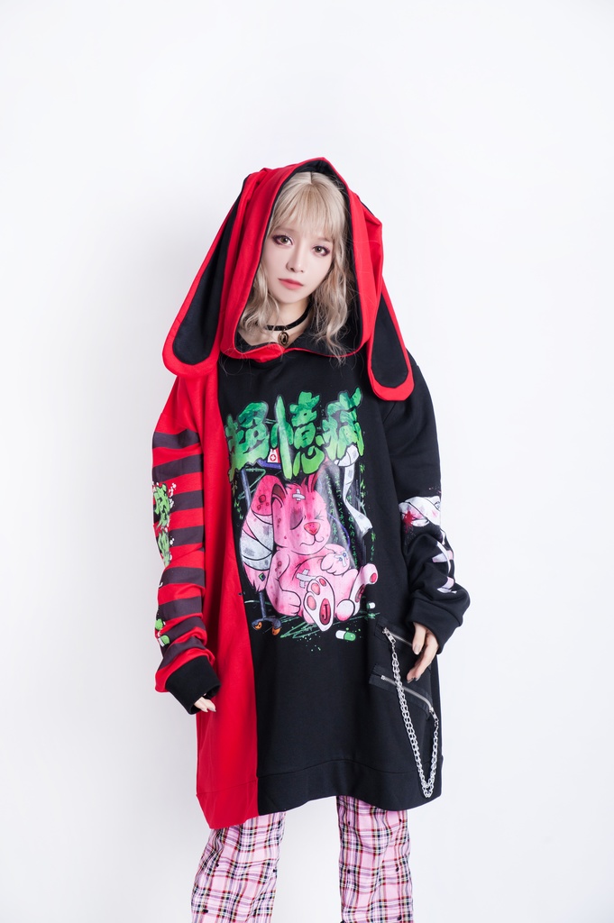 JillpunkオリジナルKERA メンヘラウイルス臆病うさぎ兎ゾンビストライプ柄反対色ゆったり長袖パーカー メンズ レディーズ おしゃれ男女兼用ファッション秋葉系可愛い萌えヤンデレ