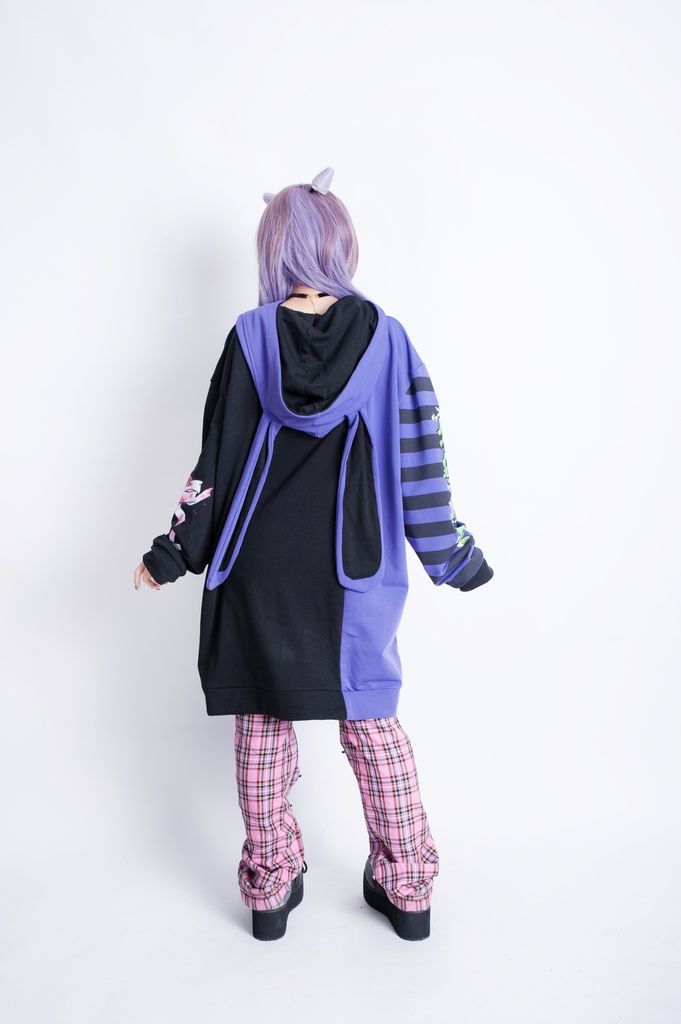 JillpunkオリジナルKERA メンヘラウイルス臆病うさぎ兎ゾンビストライプ柄反対色ゆったり長袖パーカー メンズ レディーズ おしゃれ男女兼用ファッション秋葉系可愛い萌えヤンデレ