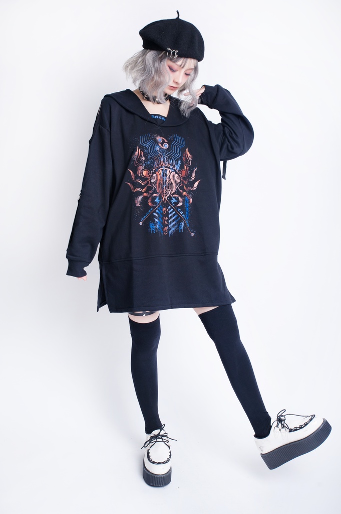 JillpunkオリジナルKERA アストロラーベ蟹座災い印長袖ゆったりセーラー水兵服オフショルダーTシャツカットソー メンズ レディーズ おしゃれ男女兼用ファッション秋葉系カッコいい