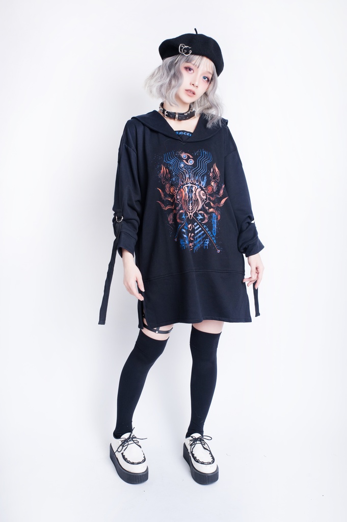 JillpunkオリジナルKERA アストロラーベ蟹座災い印長袖ゆったりセーラー水兵服オフショルダーTシャツカットソー メンズ レディーズ おしゃれ男女兼用ファッション秋葉系カッコいい