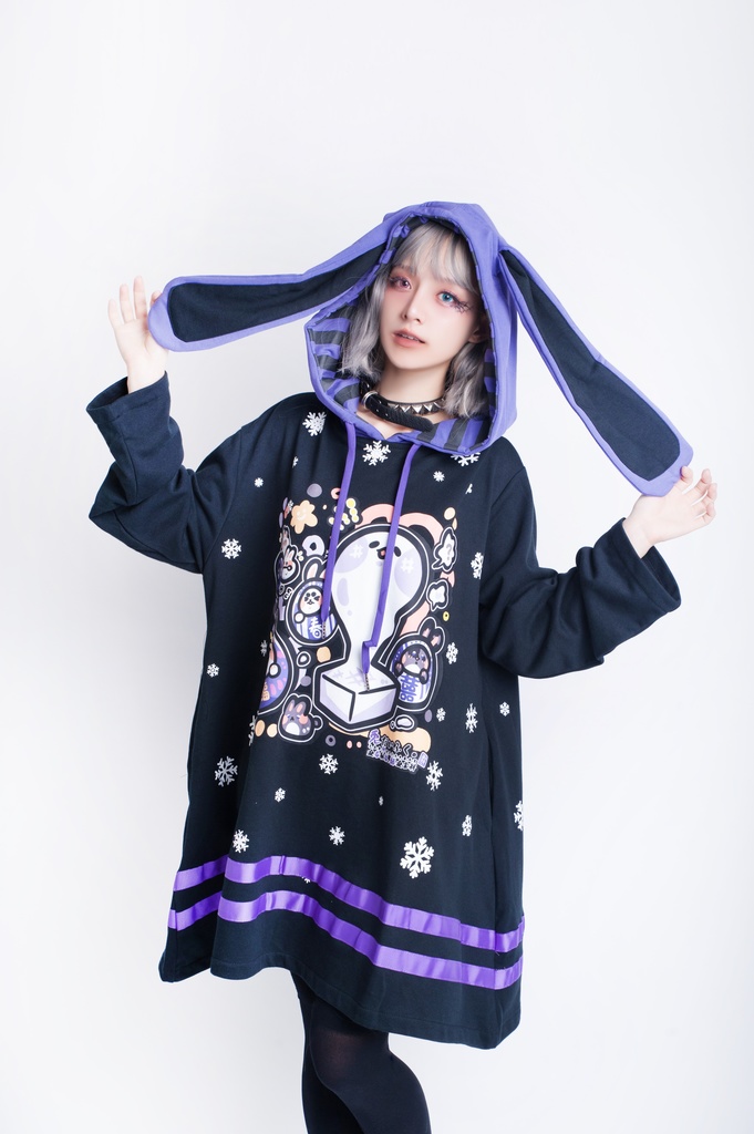 JillpunkオリジナルKERA 月兔お餅うさぎ達磨ウサギ耳雪片プリントゆったり長袖パーカー メンズ レディーズ おしゃれ男女兼用ファッション秋葉系可愛い萌え