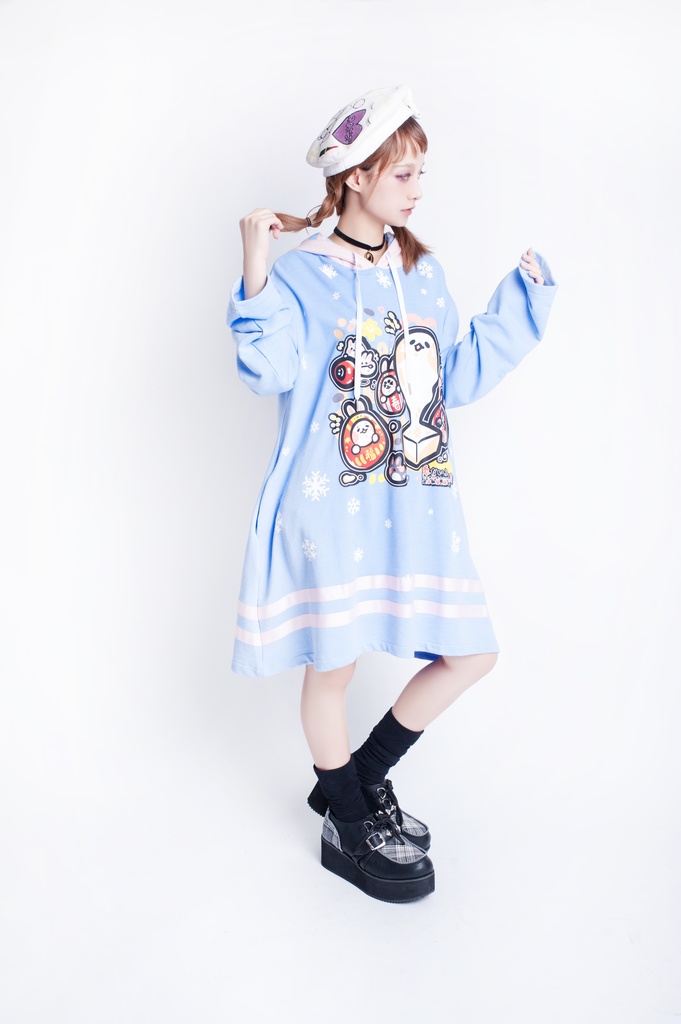 JillpunkオリジナルKERA 月兔お餅うさぎ達磨ウサギ耳雪片プリントゆったり長袖パーカー メンズ レディーズ おしゃれ男女兼用ファッション秋葉系可愛い萌え