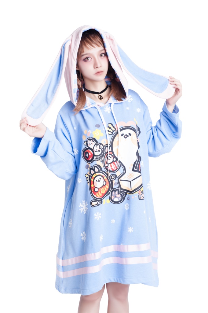 JillpunkオリジナルKERA 月兔お餅うさぎ達磨ウサギ耳雪片プリントゆったり長袖パーカー メンズ レディーズ おしゃれ男女兼用ファッション秋葉系可愛い萌え