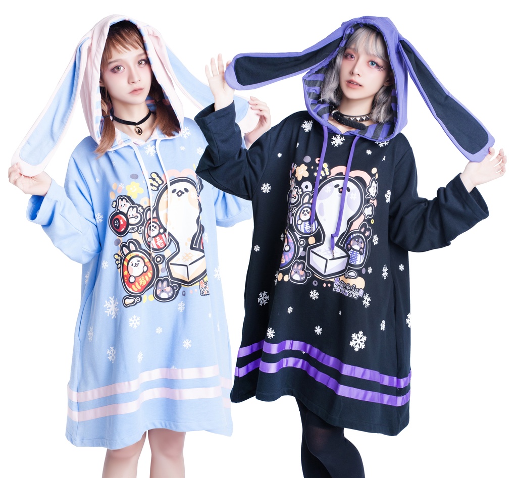 JillpunkオリジナルKERA 月兔お餅うさぎ達磨ウサギ耳雪片プリントゆったり長袖パーカー メンズ レディーズ おしゃれ男女兼用ファッション秋葉系可愛い萌え