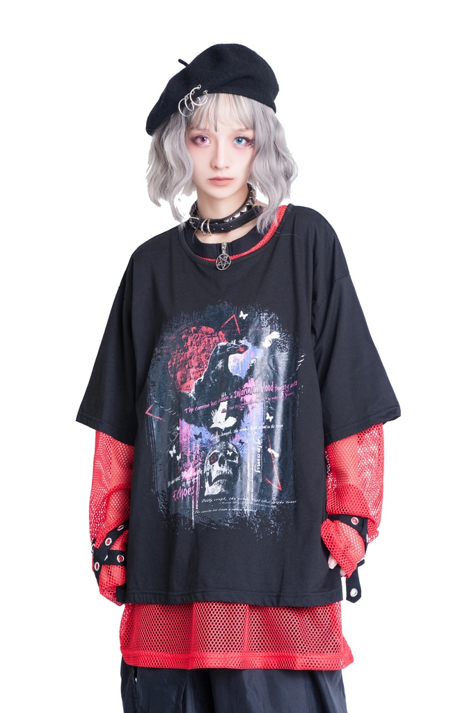 JillpunkオリジナルKERA コルウスからす座紅蓮のダイヤモンドプリントゆったり半袖TシャツOversizeオーバーサイズ メンズ レディーズ おしゃれ男女兼用ファッション秋葉系カッコいい