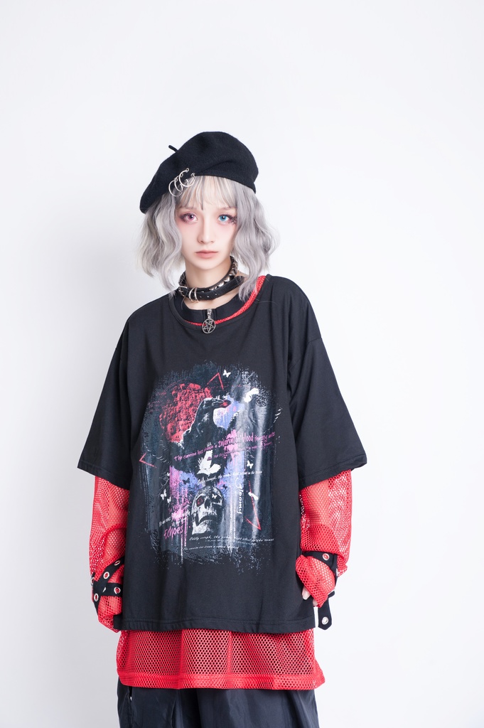 JillpunkオリジナルKERA コルウスからす座紅蓮のダイヤモンドプリントゆったり半袖TシャツOversizeオーバーサイズ メンズ レディーズ おしゃれ男女兼用ファッション秋葉系カッコいい