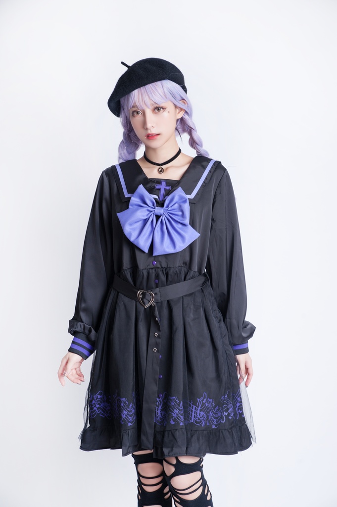 JillpunkオリジナルKERAアニメファンタジー ホーリー*レクイエムセーラー水兵服ベルト付き楽譜柄ワンピースドレス COSPLAYレディースV系 姫系ゴシックロリータ おしゃれ可愛い萌え