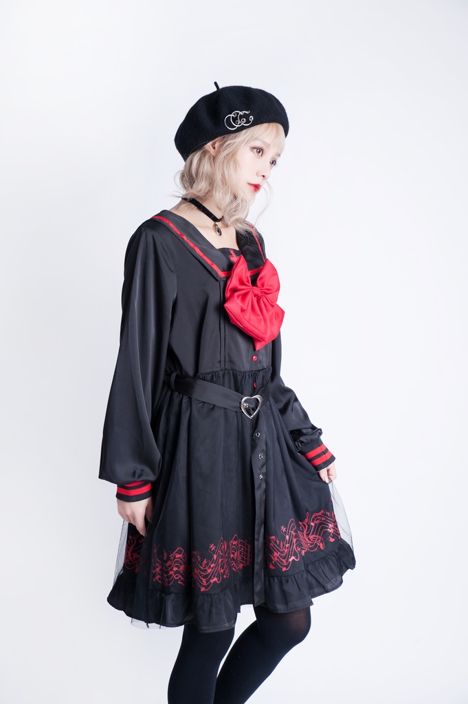 JillpunkオリジナルKERAアニメファンタジー ホーリー*レクイエムセーラー水兵服ベルト付き楽譜柄ワンピースドレス COSPLAYレディースV系 姫系ゴシックロリータ おしゃれ可愛い萌え