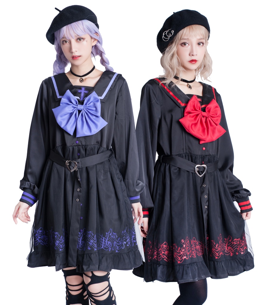 JillpunkオリジナルKERAアニメファンタジー ホーリー*レクイエムセーラー水兵服ベルト付き楽譜柄ワンピースドレス COSPLAYレディースV系 姫系ゴシックロリータ おしゃれ可愛い萌え