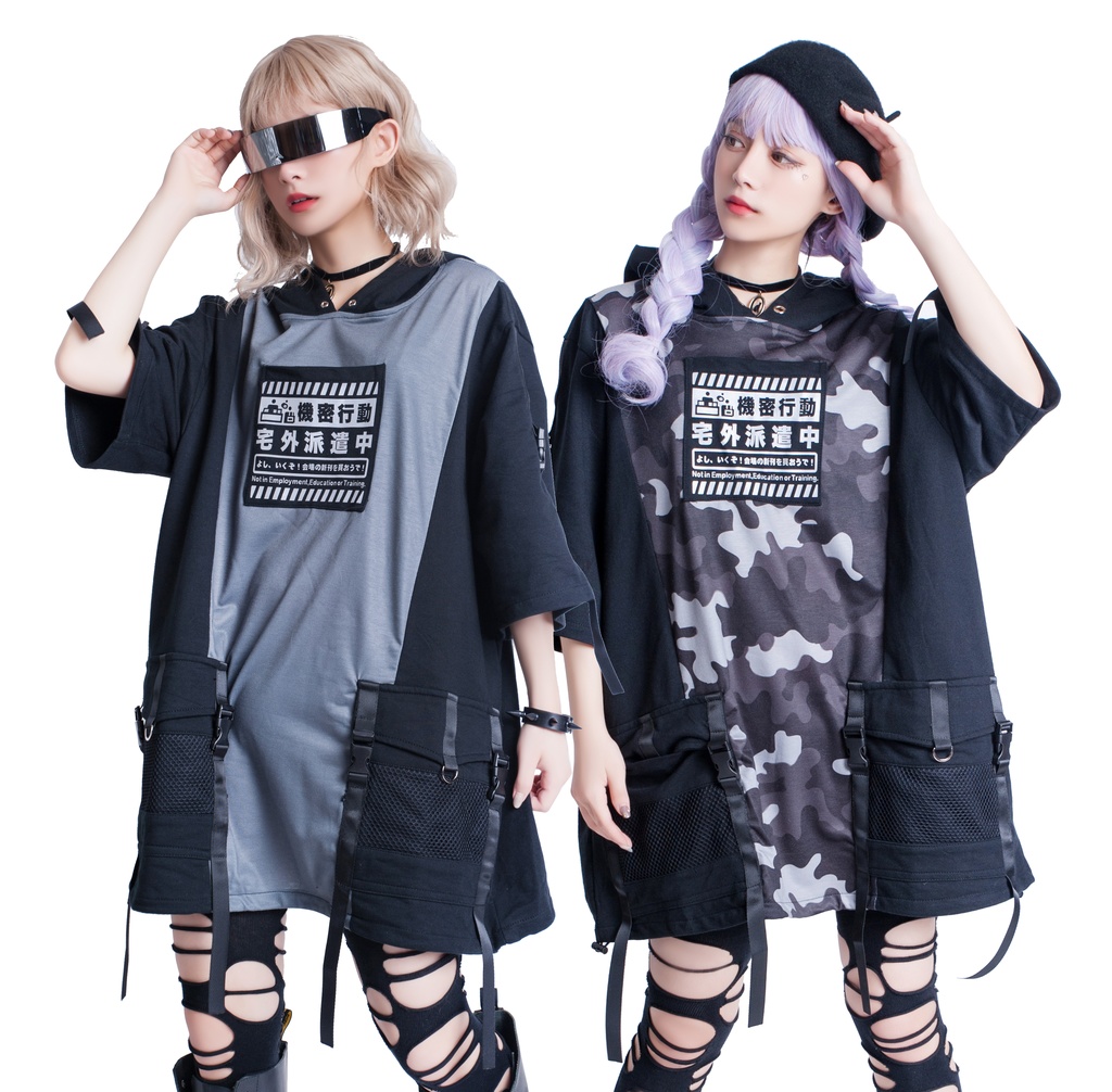 JillpunkオリジナルKERA アニメお宅二次コン 機動警察NEET自宅警備隊ミリタリー戦術ポケット反射プリントゆったり半袖パーカーメンズ レディー V系 おしゃれ大きいサイズ男女兼用ファッション秋葉系カッコいい