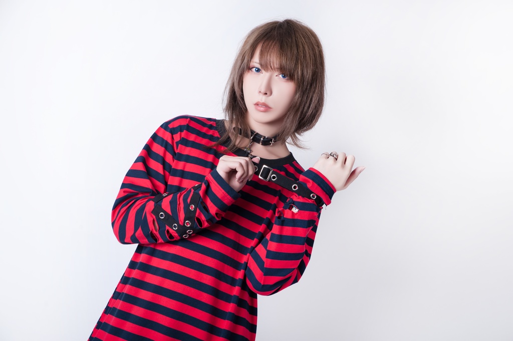 JillpunkオリジナルKERA ストライプ柄カットアウト長袖ゆったり多目的Tシャツ十字架チャームチャック付き薄手カットソー メンズ レディー 兄系V系おしゃれ男女兼用ファッションカッコいいパンクロック