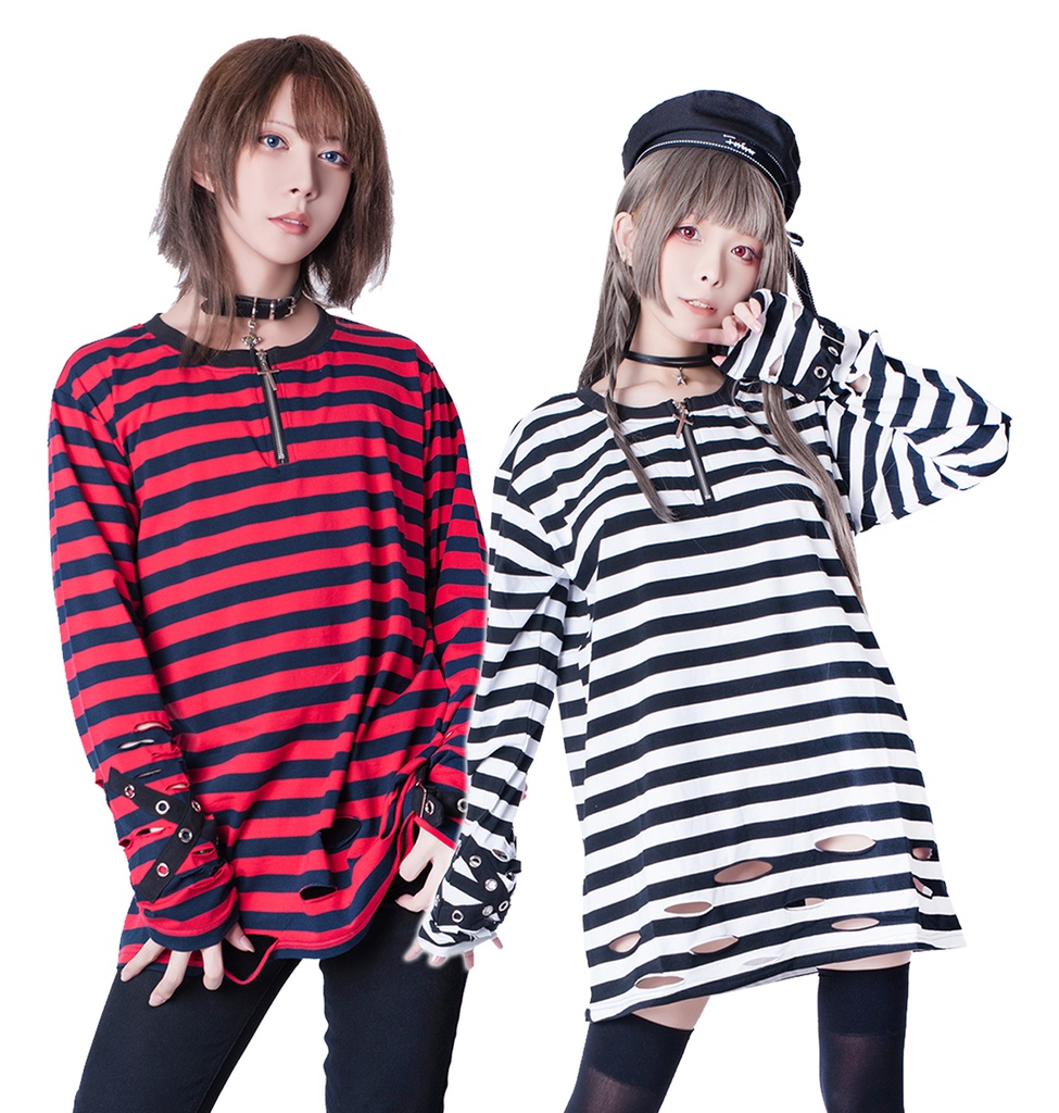 JillpunkオリジナルKERA ストライプ柄カットアウト長袖ゆったり多目的Tシャツ十字架チャームチャック付き薄手カットソー メンズ レディー 兄系V系おしゃれ男女兼用ファッションカッコいいパンクロック