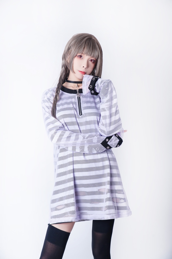 JillpunkオリジナルKERA ストライプ柄カットアウト長袖ゆったり多目的Tシャツ十字架チャームチャック付き薄手カットソー メンズ レディー 兄系V系おしゃれ男女兼用ファッションカッコいいパンクロック