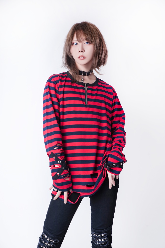 JillpunkオリジナルKERA ストライプ柄カットアウト長袖ゆったり多目的Tシャツ十字架チャームチャック付き薄手カットソー メンズ レディー 兄系V系おしゃれ男女兼用ファッションカッコいいパンクロック