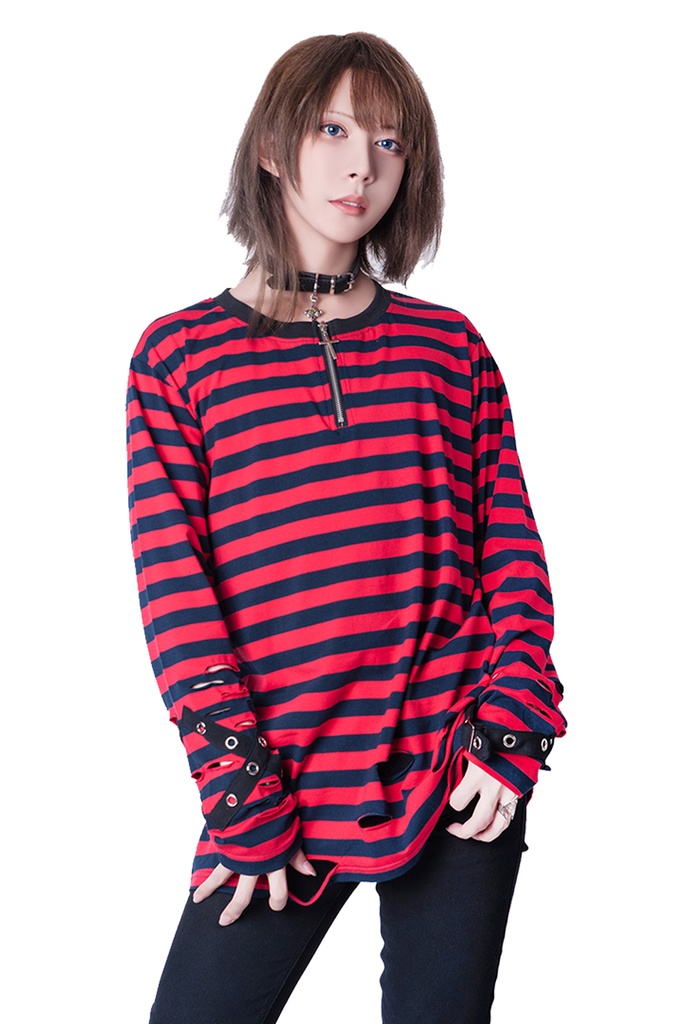 JillpunkオリジナルKERA ストライプ柄カットアウト長袖ゆったり多目的Tシャツ十字架チャームチャック付き薄手カットソー メンズ レディー 兄系V系おしゃれ男女兼用ファッションカッコいいパンクロック