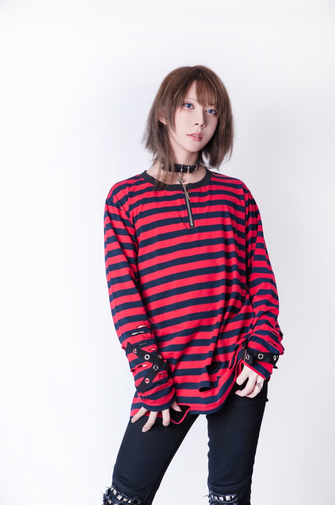 JillpunkオリジナルKERA ストライプ柄カットアウト長袖ゆったり多目的Tシャツ十字架チャームチャック付き薄手カットソー メンズ レディー 兄系V系おしゃれ男女兼用ファッションカッコいいパンクロック