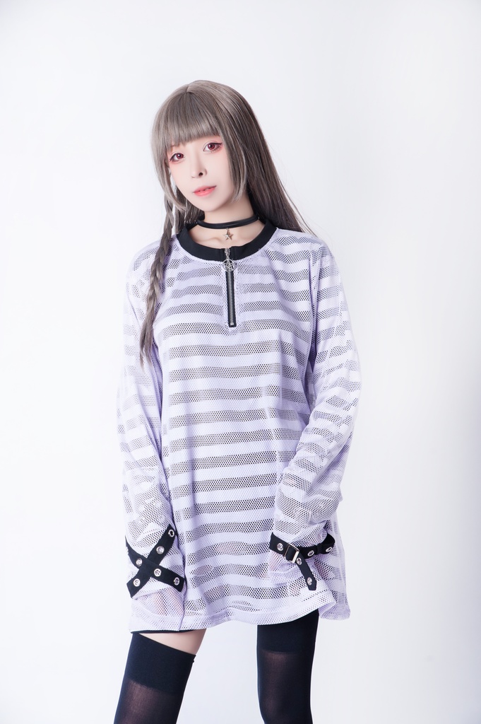 JillpunkオリジナルKERA ストライプ柄カットアウト長袖ゆったり多目的Tシャツ十字架チャームチャック付き薄手カットソー メンズ レディー 兄系V系おしゃれ男女兼用ファッションカッコいいパンクロック
