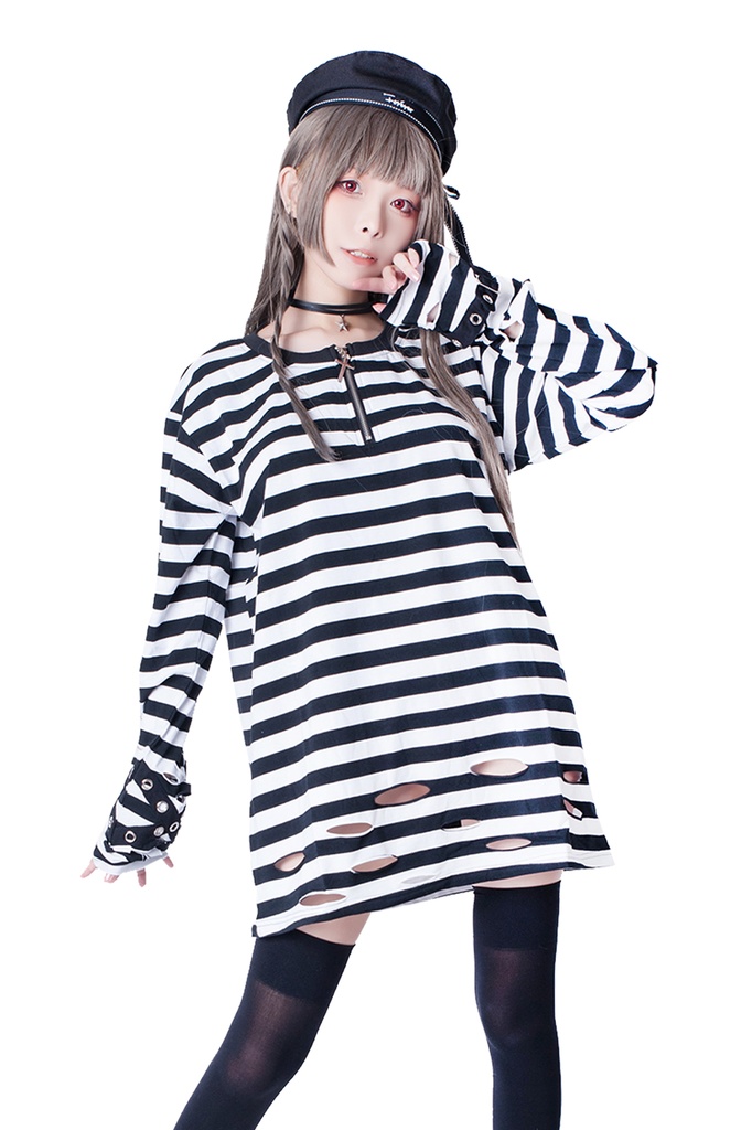 JillpunkオリジナルKERA ストライプ柄カットアウト長袖ゆったり多目的Tシャツ十字架チャームチャック付き薄手カットソー メンズ レディー 兄系V系おしゃれ男女兼用ファッションカッコいいパンクロック