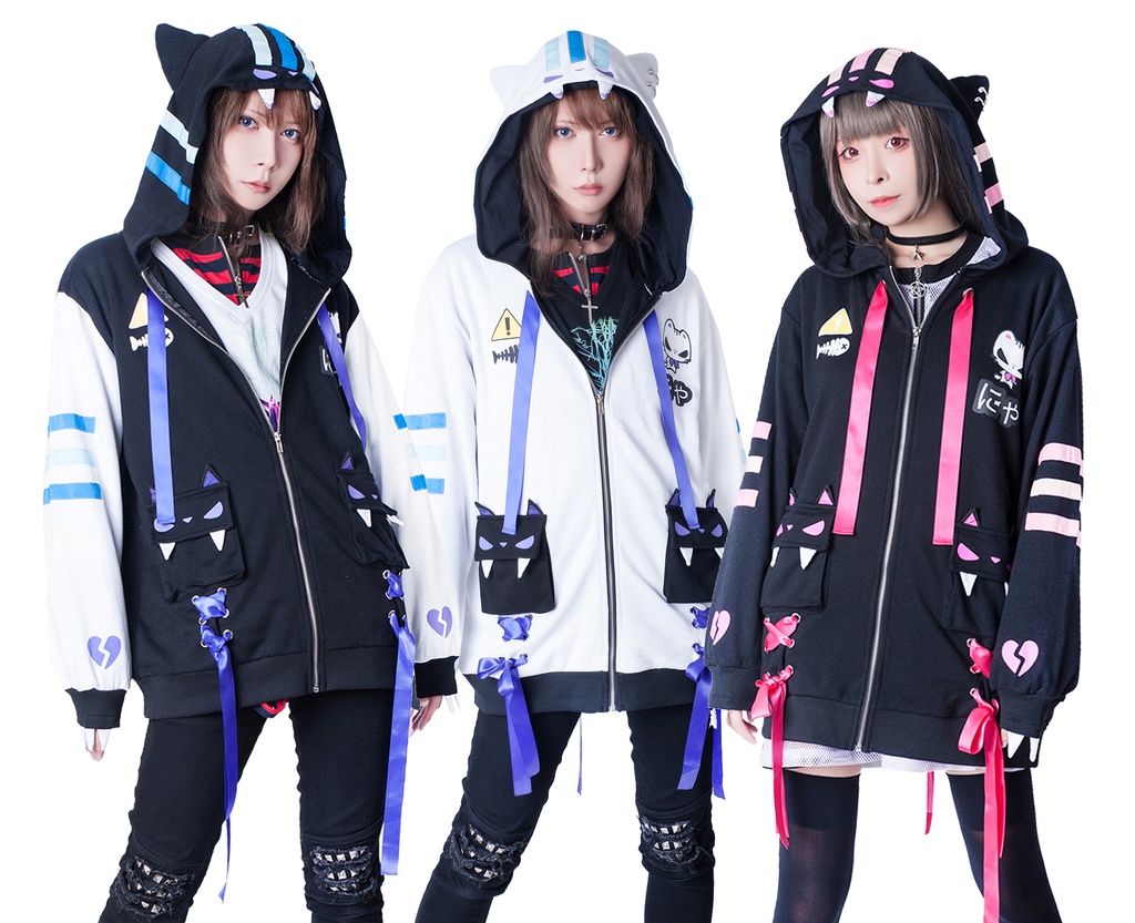 JillpunkオリジナルKERAアニメファンタジー UMAIコラボ野良猫レースアップリボン猫耳3Dポケットゆったりパーカージャケット メンズ レディー 可愛い おしゃれ大きいサイズ男女兼用ファッション秋葉系萌え二次コン猫系