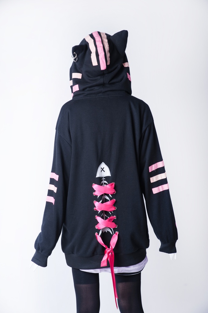 JillpunkオリジナルKERAアニメファンタジー UMAIコラボ野良猫レースアップリボン猫耳3Dポケットゆったりパーカージャケット メンズ レディー 可愛い おしゃれ大きいサイズ男女兼用ファッション秋葉系萌え二次コン猫系