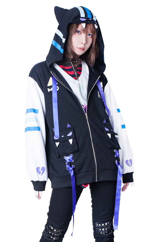 JillpunkオリジナルKERAアニメファンタジー UMAIコラボ野良猫レースアップリボン猫耳3Dポケットゆったりパーカージャケット メンズ レディー 可愛い おしゃれ大きいサイズ男女兼用ファッション秋葉系萌え二次コン猫系