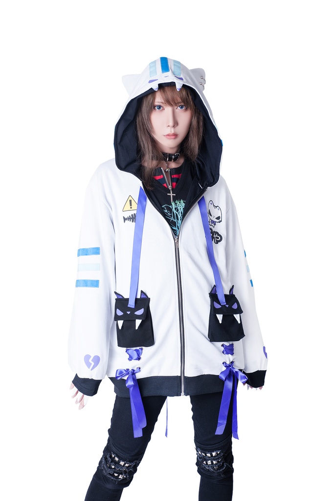 JillpunkオリジナルKERAアニメファンタジー UMAIコラボ野良猫レースアップリボン猫耳3Dポケットゆったりパーカージャケット メンズ レディー 可愛い おしゃれ大きいサイズ男女兼用ファッション秋葉系萌え二次コン猫系