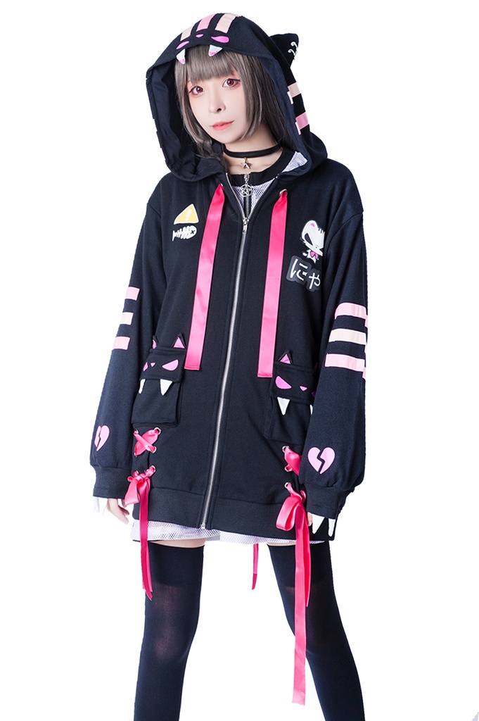JillpunkオリジナルKERAアニメファンタジー UMAIコラボ野良猫レースアップリボン猫耳3Dポケットゆったりパーカージャケット メンズ レディー 可愛い おしゃれ大きいサイズ男女兼用ファッション秋葉系萌え二次コン猫系
