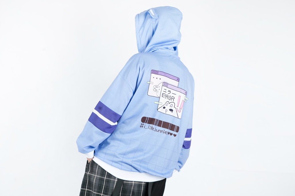 JillpunkオリジナルアニメファンタジーJUSTFLOコラボ うさぎハッカーハッキングコードプリントスポーツウェアトレーナーゆったりユニーセック1/4ジップ兎耳長袖パーカー メンズ レディー 可愛いおしゃれ大きいサイズ男女兼用ファッション原宿秋葉系萌え森女