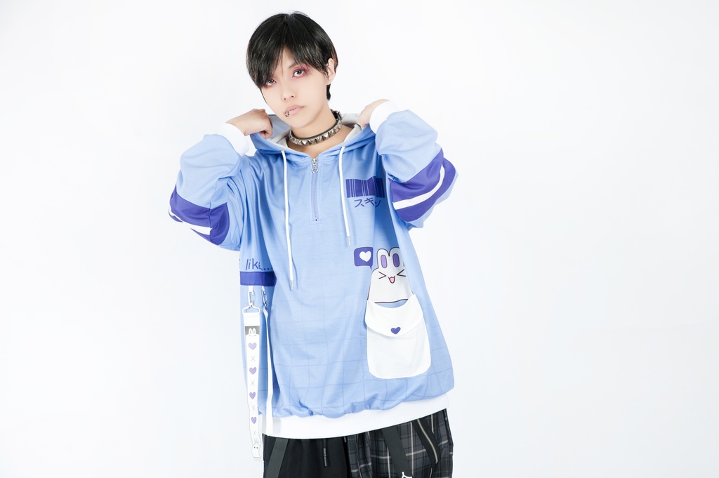 JillpunkオリジナルアニメファンタジーJUSTFLOコラボ うさぎハッカーハッキングコードプリントスポーツウェアトレーナーゆったりユニーセック1/4ジップ兎耳長袖パーカー メンズ レディー 可愛いおしゃれ大きいサイズ男女兼用ファッション原宿秋葉系萌え森女