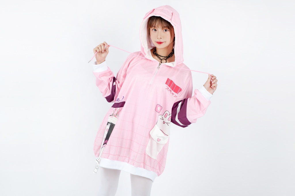 JillpunkオリジナルアニメファンタジーJUSTFLOコラボ うさぎハッカーハッキングコードプリントスポーツウェアトレーナーゆったりユニーセック1/4ジップ兎耳長袖パーカー メンズ レディー 可愛いおしゃれ大きいサイズ男女兼用ファッション原宿秋葉系萌え森女