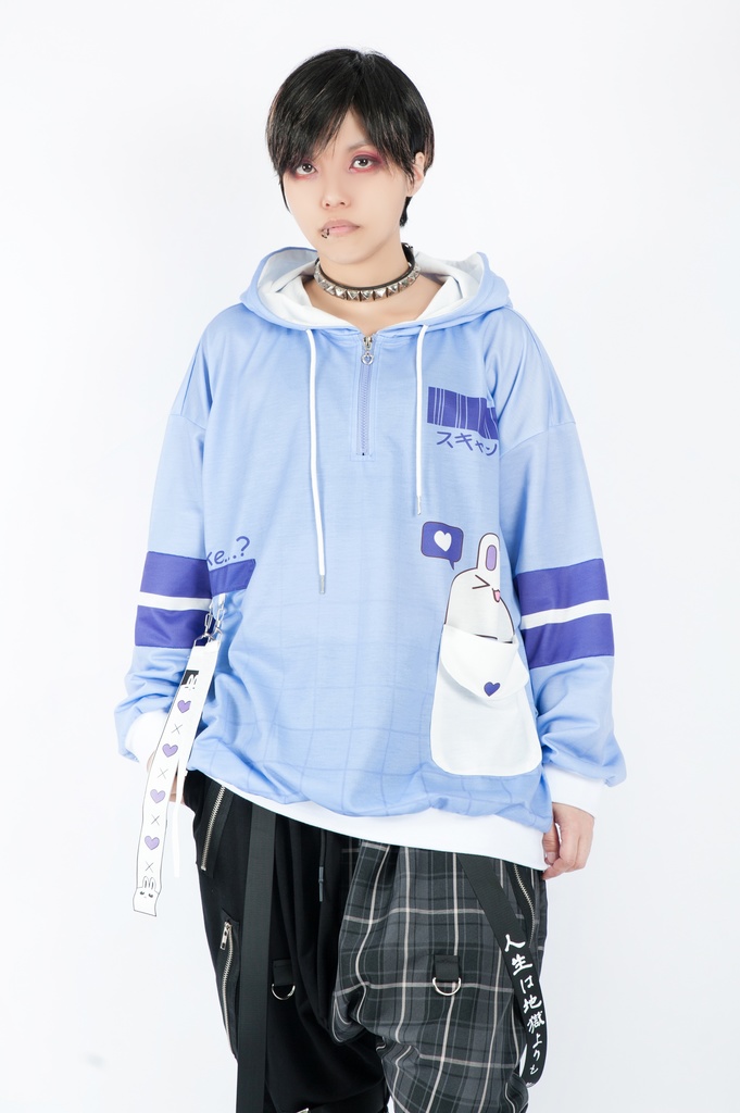 JillpunkオリジナルアニメファンタジーJUSTFLOコラボ うさぎハッカーハッキングコードプリントスポーツウェアトレーナーゆったりユニーセック1/4ジップ兎耳長袖パーカー メンズ レディー 可愛いおしゃれ大きいサイズ男女兼用ファッション原宿秋葉系萌え森女