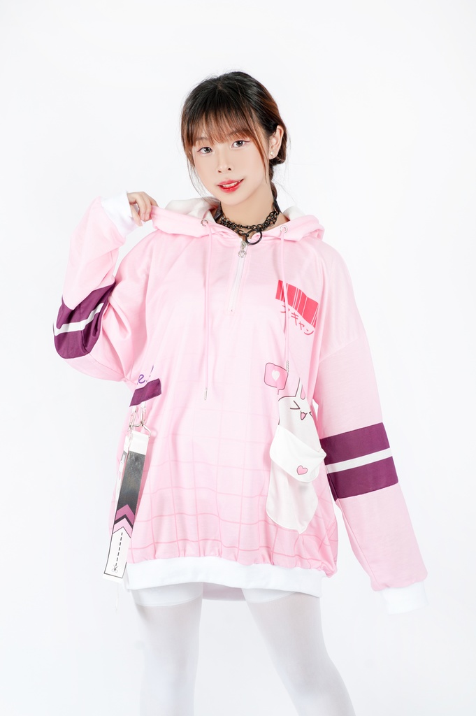 JillpunkオリジナルアニメファンタジーJUSTFLOコラボ うさぎハッカーハッキングコードプリントスポーツウェアトレーナーゆったりユニーセック1/4ジップ兎耳長袖パーカー メンズ レディー 可愛いおしゃれ大きいサイズ男女兼用ファッション原宿秋葉系萌え森女