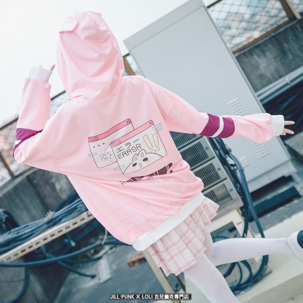 JillpunkオリジナルアニメファンタジーJUSTFLOコラボ うさぎハッカーハッキングコードプリントスポーツウェアトレーナーゆったりユニーセック1/4ジップ兎耳長袖パーカー メンズ レディー 可愛いおしゃれ大きいサイズ男女兼用ファッション原宿秋葉系萌え森女