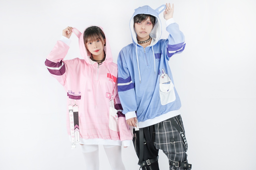 JillpunkオリジナルアニメファンタジーJUSTFLOコラボ うさぎハッカーハッキングコードプリントスポーツウェアトレーナーゆったりユニーセック1/4ジップ兎耳長袖パーカー メンズ レディー 可愛いおしゃれ大きいサイズ男女兼用ファッション原宿秋葉系萌え森女