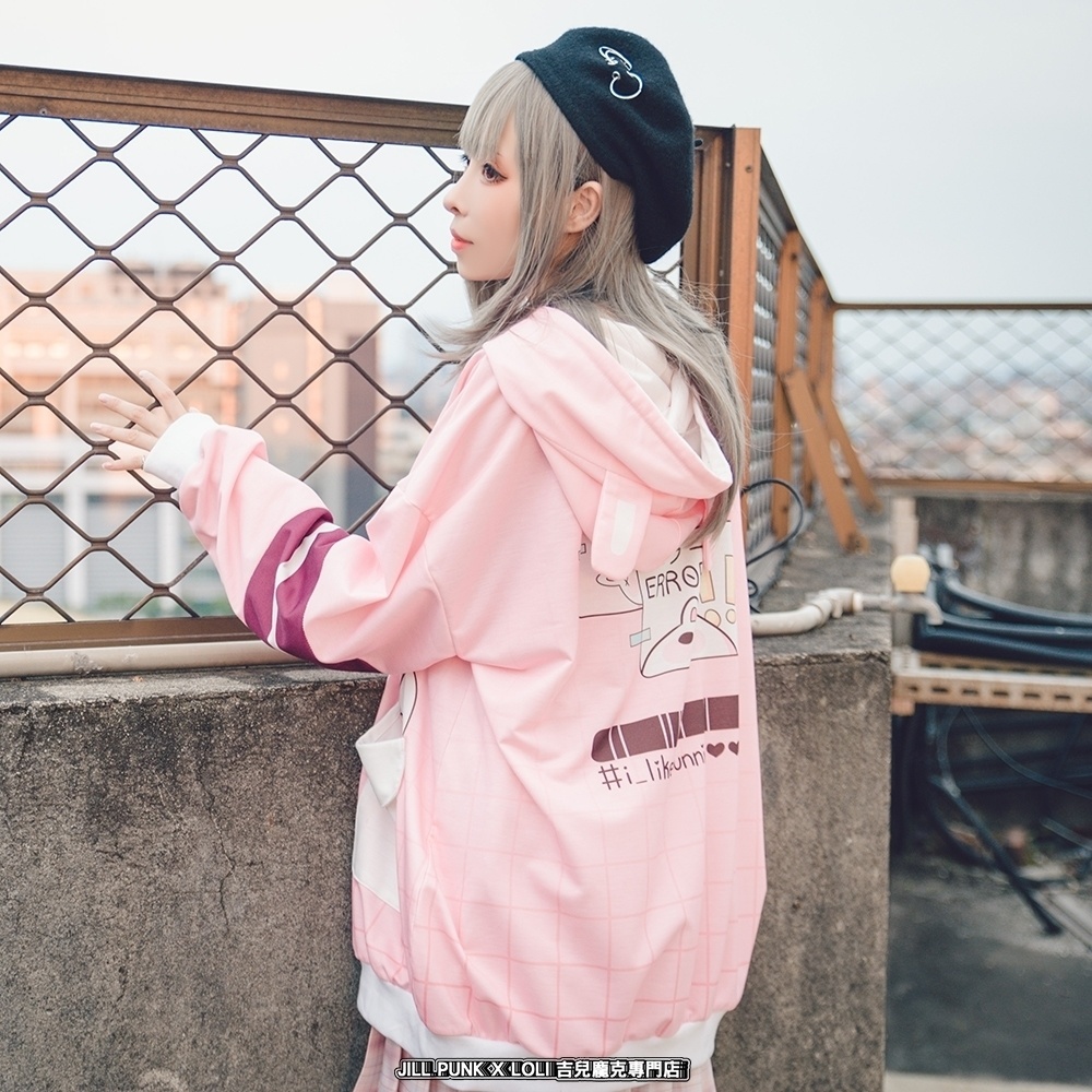 JillpunkオリジナルアニメファンタジーJUSTFLOコラボ うさぎハッカーハッキングコードプリントスポーツウェアトレーナーゆったりユニーセック1/4ジップ兎耳長袖パーカー メンズ レディー 可愛いおしゃれ大きいサイズ男女兼用ファッション原宿秋葉系萌え森女