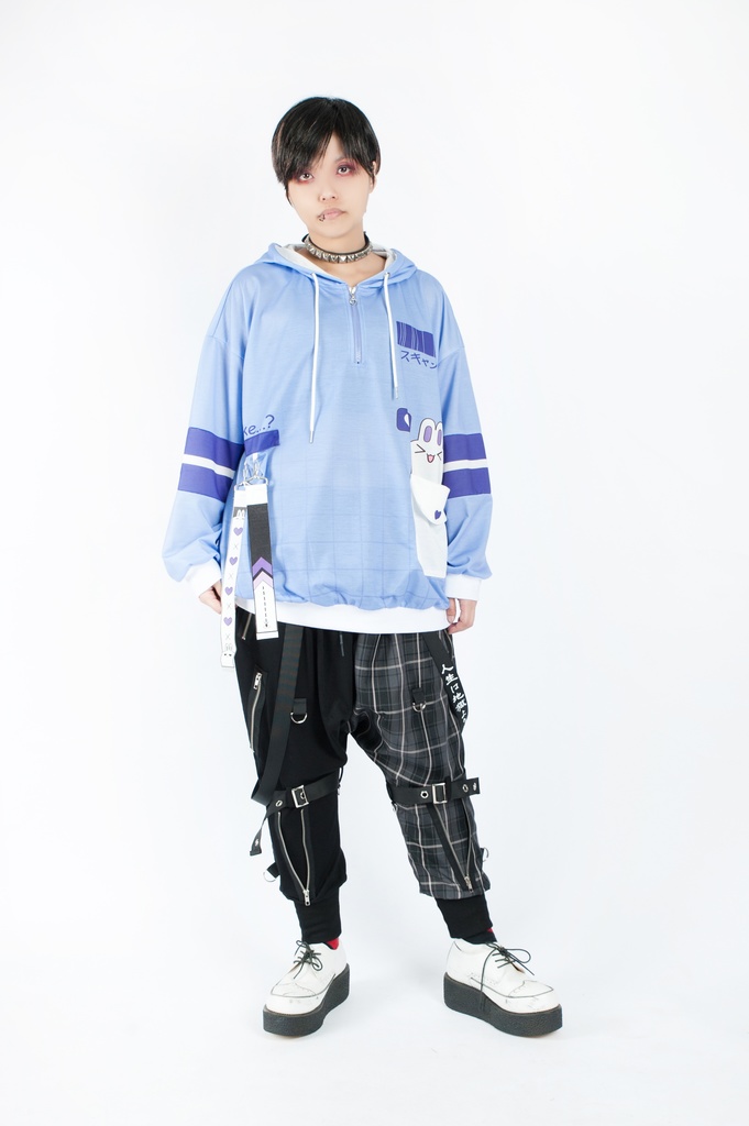 JillpunkオリジナルアニメファンタジーJUSTFLOコラボ うさぎハッカーハッキングコードプリントスポーツウェアトレーナーゆったりユニーセック1/4ジップ兎耳長袖パーカー メンズ レディー 可愛いおしゃれ大きいサイズ男女兼用ファッション原宿秋葉系萌え森女