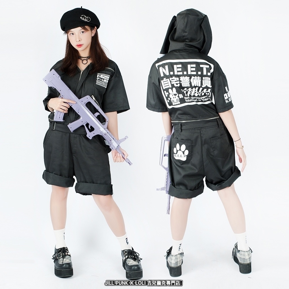 JillpunkオリジナルKERA アニメお宅機動警察NEET自宅警備隊ゲーム配信選手半袖ワークオーバーオール 兎耳フード付きチャック股下取り外し可能作業服パンツズボン メンズ レディーズ おしゃれ大きいサイズ男女兼用ファッション秋葉系カッコいい