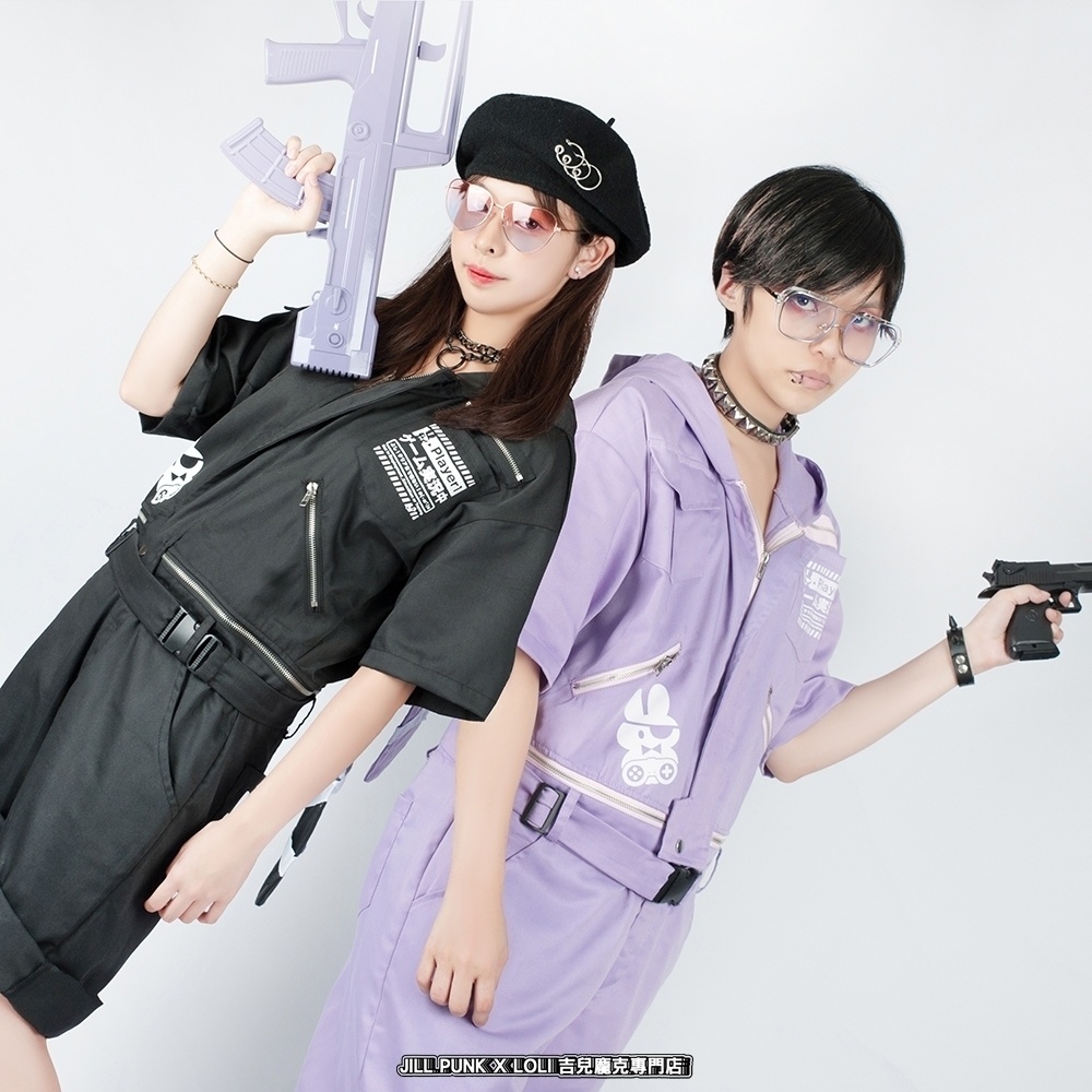 JillpunkオリジナルKERA アニメお宅機動警察NEET自宅警備隊ゲーム配信選手半袖ワークオーバーオール 兎耳フード付きチャック股下取り外し可能作業服パンツズボン メンズ レディーズ おしゃれ大きいサイズ男女兼用ファッション秋葉系カッコいい