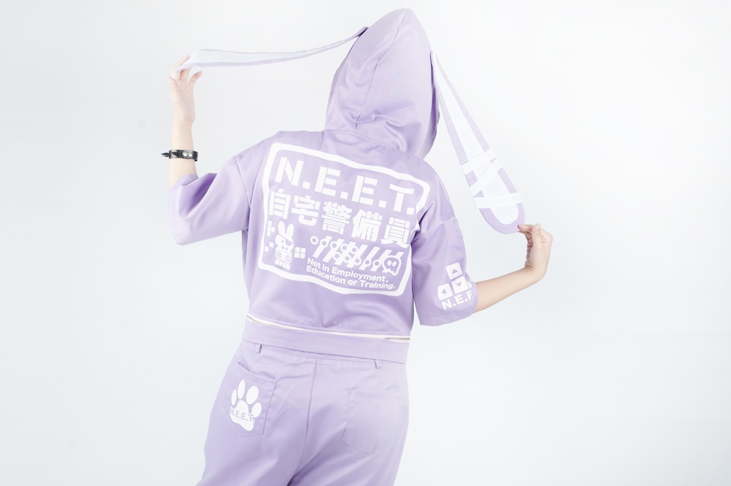 JillpunkオリジナルKERA アニメお宅機動警察NEET自宅警備隊ゲーム配信選手半袖ワークオーバーオール 兎耳フード付きチャック股下取り外し可能作業服パンツズボン メンズ レディーズ おしゃれ大きいサイズ男女兼用ファッション秋葉系カッコいい