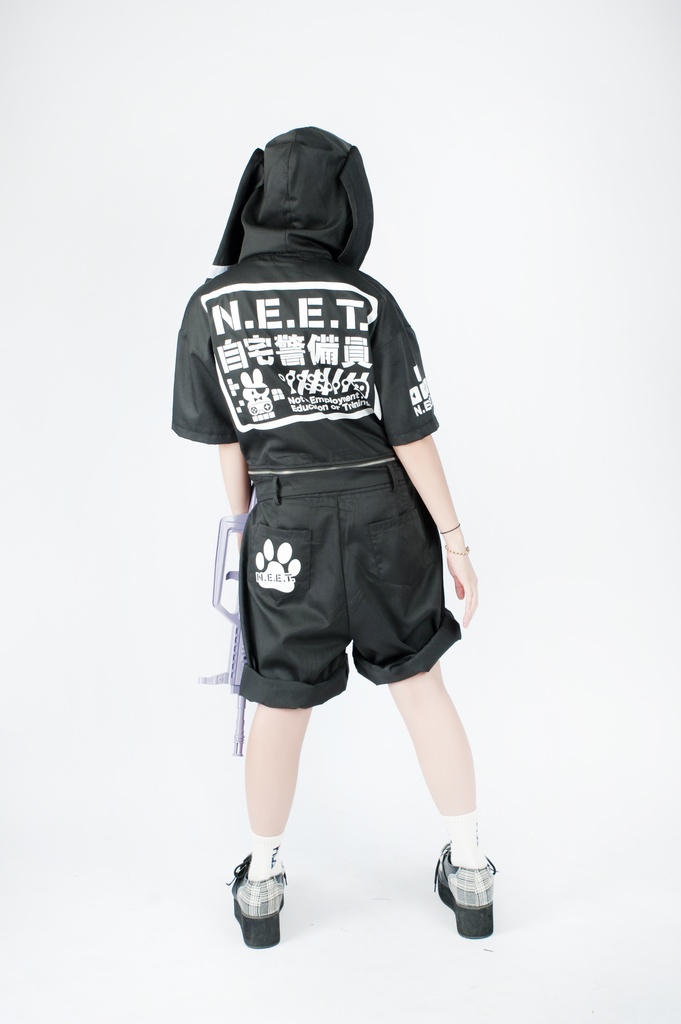 JillpunkオリジナルKERA アニメお宅機動警察NEET自宅警備隊ゲーム配信選手半袖ワークオーバーオール 兎耳フード付きチャック股下取り外し可能作業服パンツズボン メンズ レディーズ おしゃれ大きいサイズ男女兼用ファッション秋葉系カッコいい