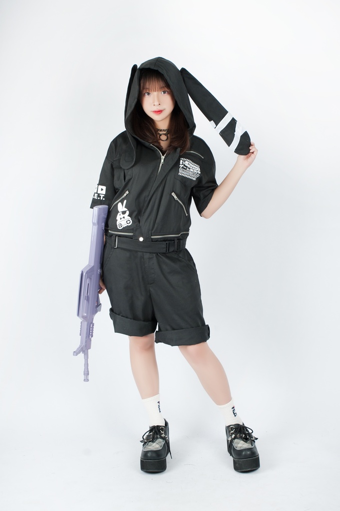 JillpunkオリジナルKERA アニメお宅機動警察NEET自宅警備隊ゲーム配信選手半袖ワークオーバーオール 兎耳フード付きチャック股下取り外し可能作業服パンツズボン メンズ レディーズ おしゃれ大きいサイズ男女兼用ファッション秋葉系カッコいい